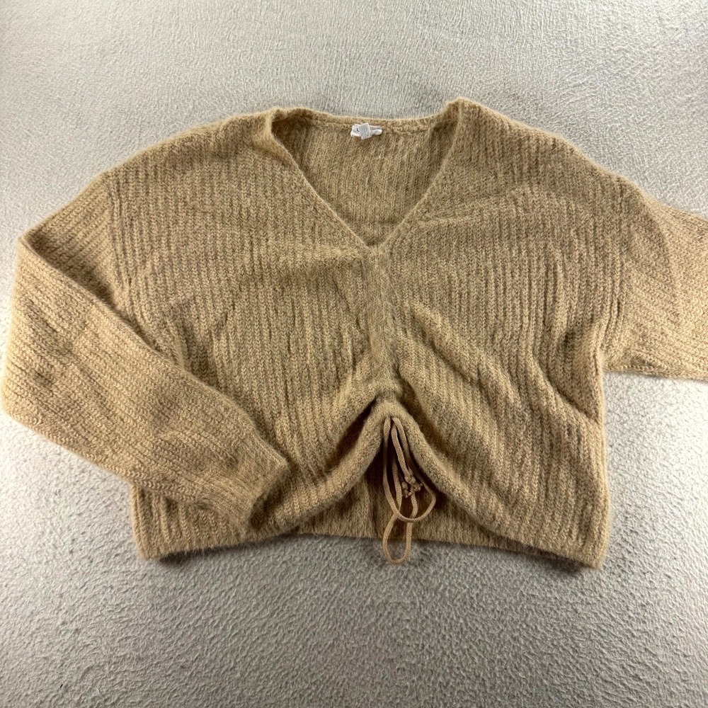 Le Lis Collection Fuzzy Knit Sweater Womens Medium Tan V-Neck Cinched Front Exc